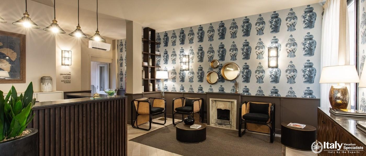 Step into a warm and inviting reception area reflecting Bolognaâ€™s timeless charm.