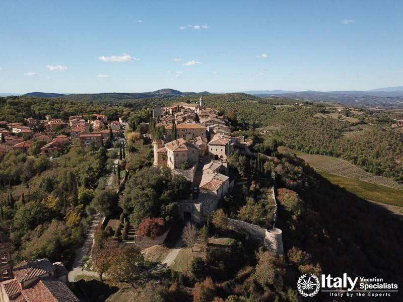 Aerial Elegance over Tuscan Village from Relais La Chiusa