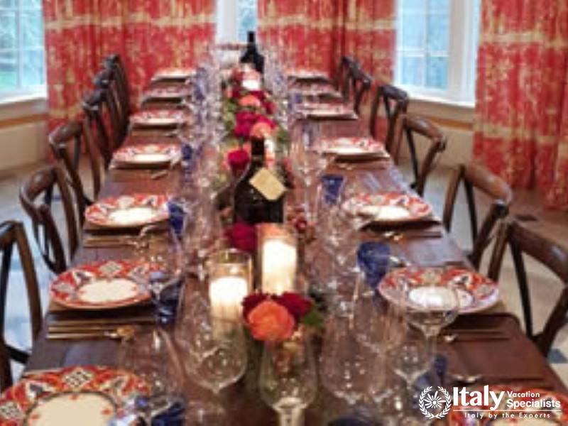 An elegantly arranged dining table set for a special event at SantAgnese Farm.