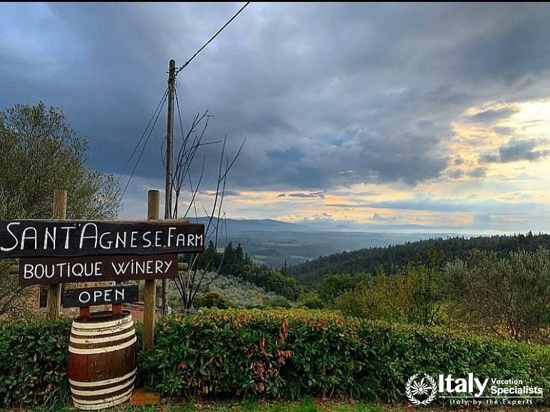 A welcoming sign for SantAgnese Farm Boutique Winery with a stunning view of the countryside.