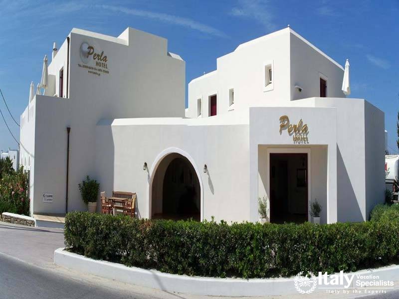 Front view of Perla Hotel in Naxos, Greece Front view of Perla Hotel in Naxos, Greece