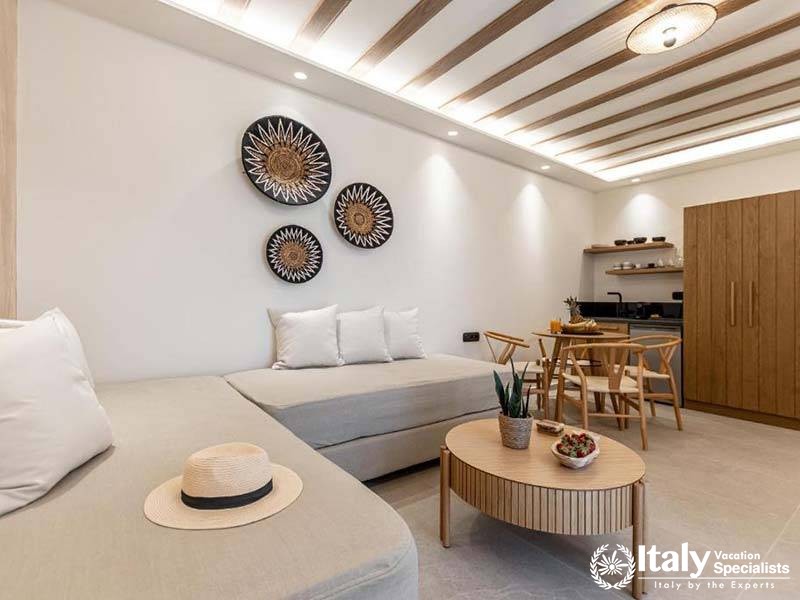 Stylish and spacious living area in Perla Hotel in Naxos, Greece Stylish and spacious living area in Perla Hotel in Naxos, Greece