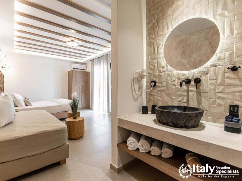 The stylish bathroom setup at Perla Hotel in Naxos, Greece The stylish bathroom setup at Perla Hotel in Naxos, Greece