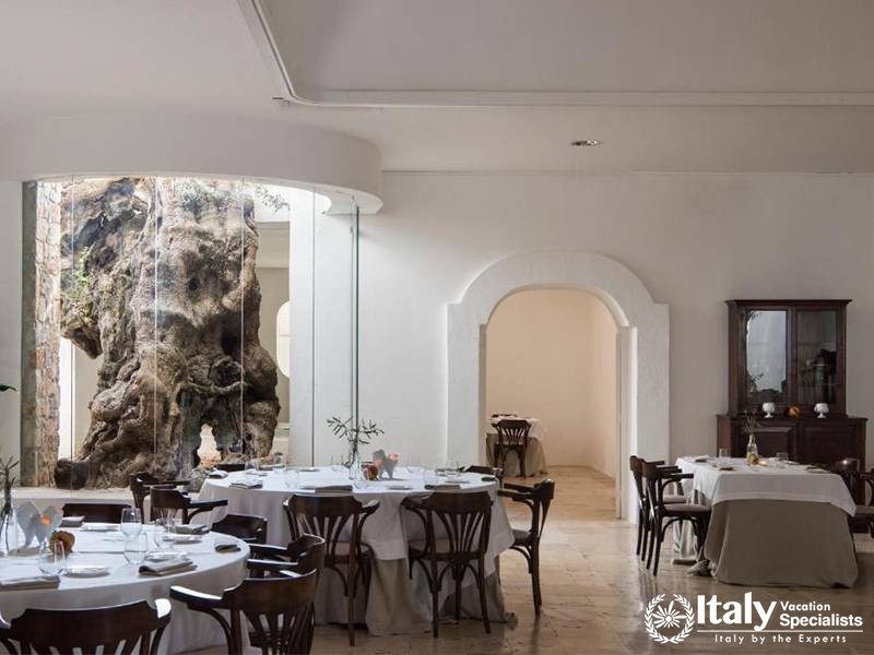 Elegant Dining Area with Olive Tree Interior in Masseria Il Melograno in Monopoli, Italy