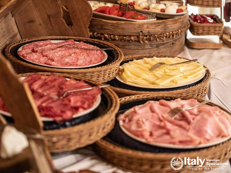 Breakfast Buffet with Meats and Cheeses in Bivio Hotel Plaza in Livigno, Italy
