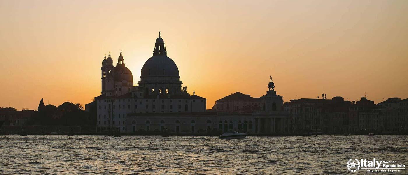 Sunset silhouetting the Santa Maria della Salute dome with Hotel Al Codega just a gondola ride away.