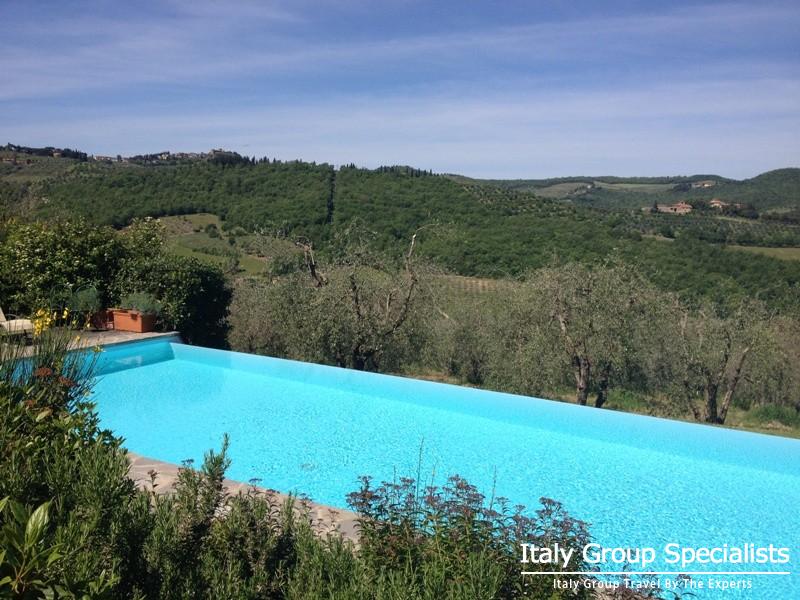 Infinity pool over olive groves at the Villa Vignamaggio Estate, Tuscany 