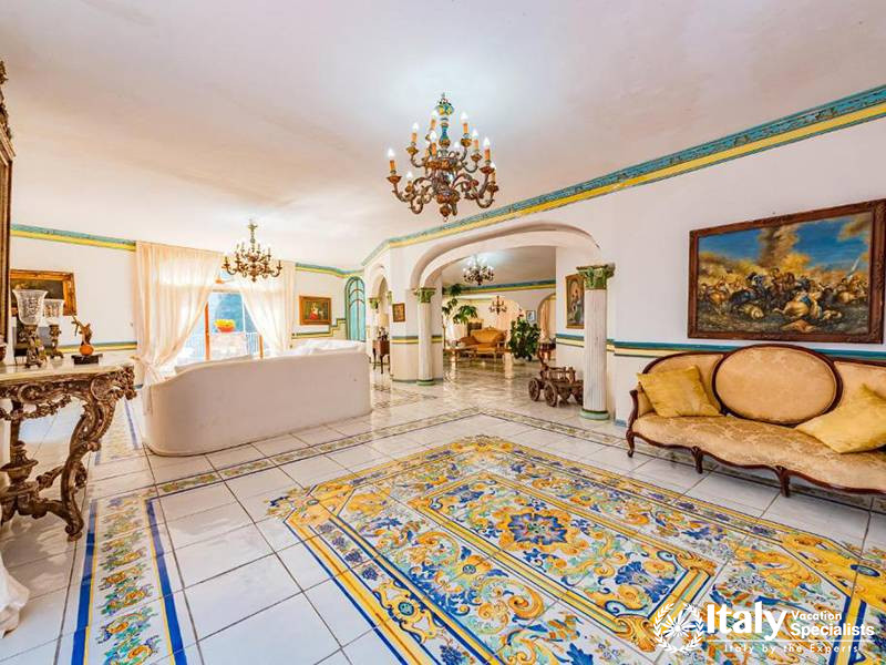 Living Room with Classic Decor and Ocean View in Villa Bellissima Vista Mare in Campania, Italy