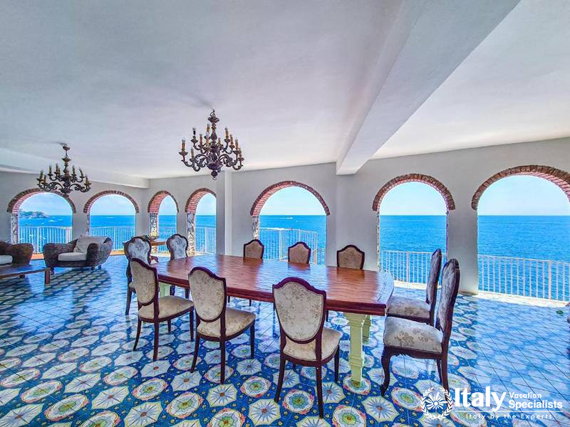 Elegant Dining Room with Sea Views in Villa Bellissima Vista Mare in Campania, Italy