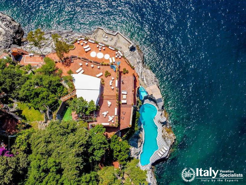 Aerial View of Terrace and Pool Area in Villa Bellissima Vista Mare in Campania, Italy