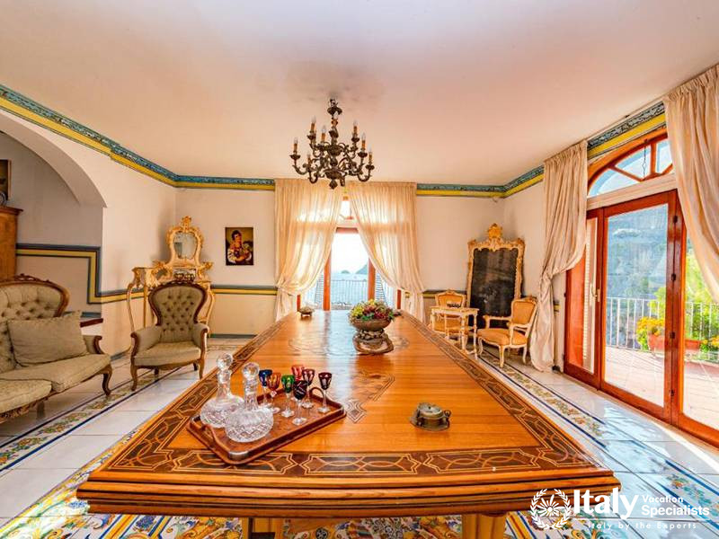 Dining Room with Scenic View in Villa Bellissima Vista Mare in Campania, Italy