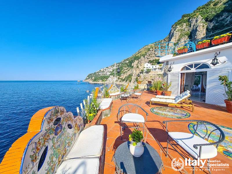 Terrace with Ocean View and Mosaic Designs in Villa Bellissima Vista Mare in Campania, Italy