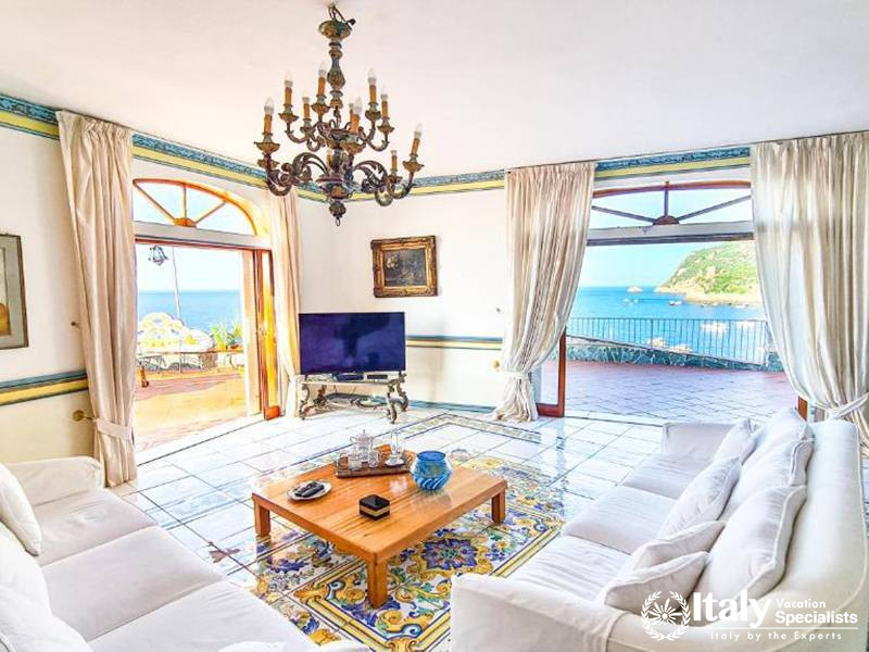 Elegant Living Room with Ocean View in Villa Bellissima Vista Mare in Campania, Italy