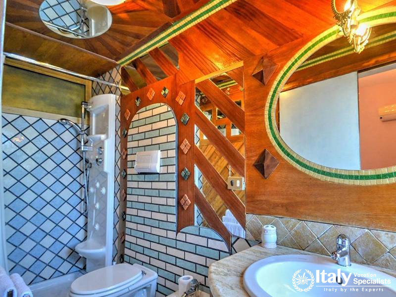 Bathroom with Unique Wooden and Tiled Design in Villa Bellissima Vista Mare in Campania, Italy