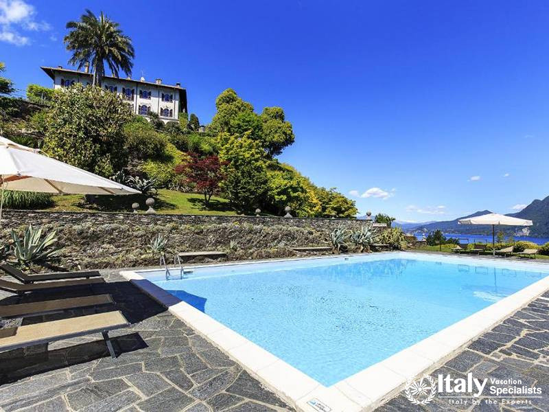 The Magnificent View of the Villa, Gardens, and Lake in Villa Verbania in Lake Maggiore, Italy