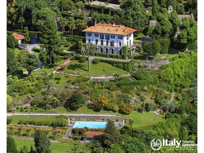 An Aerial View of the Villa and Its Lush Gardens in Villa Verbania in Lake Maggiore, Italy