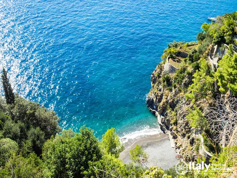 Beautiful aerial view of quiet beach in Positano, Amalfi coast, Campania