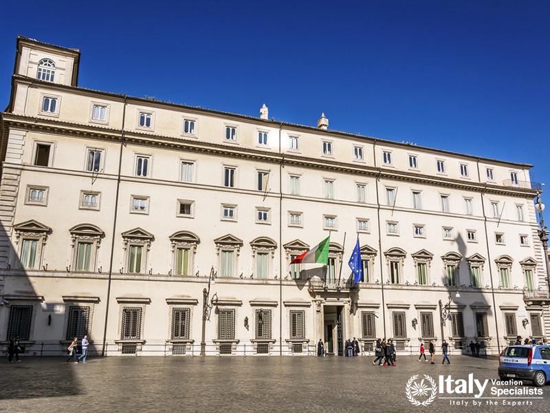 Rome, Italy, february 18, 2017 facade of Palazzo Chigi (Chigi Palace) home of the Italian Prime Mini