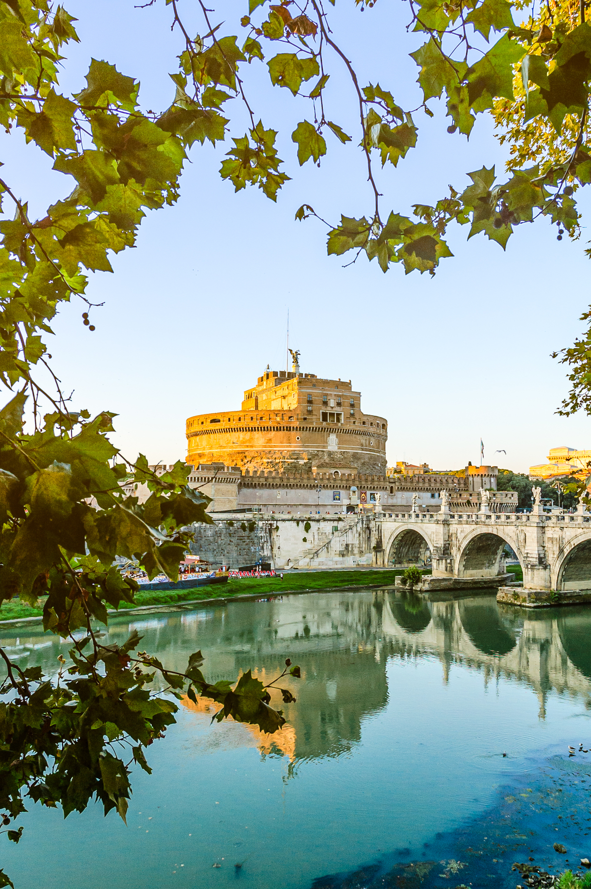 Castel Sant'Angelo in Rome framed by autumn leaves